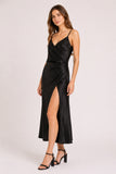 Black Satin Ruched Wrap Midi Dress with Split