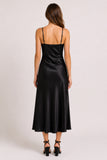 Black Satin Ruched Wrap Midi Dress with Split