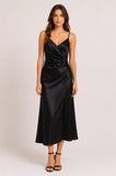 Black Satin Ruched Wrap Midi Dress with Split