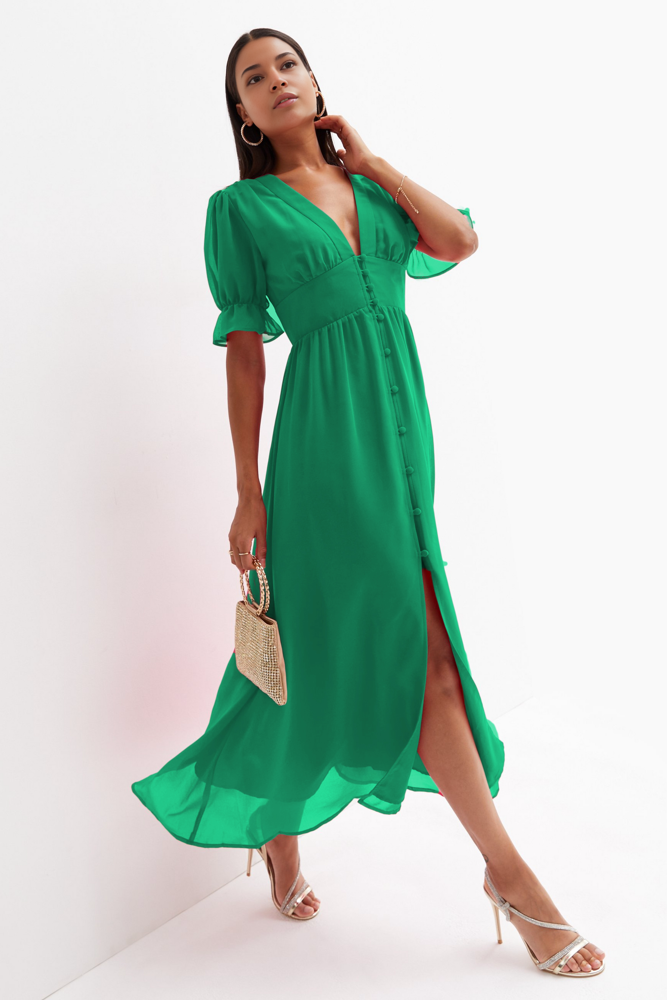 Deep v neck maxi shirt dress hot sale