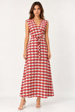 Red Floral Printed V-Neck Maxi Dress