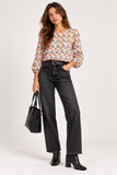Multicoloured Geometric Print Balloon Sleeve Blouse