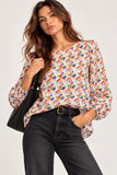 Multicoloured Geometric Print Balloon Sleeve Blouse