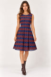 Blue & Rust Printed Pleated Mini Dress