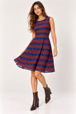 Blue & Rust Printed Pleated Mini Dress