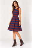 Blue & Rust Printed Pleated Mini Dress
