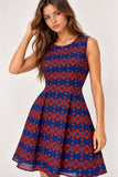 Blue & Rust Printed Pleated Mini Dress