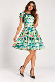 Green Tropical Scenic Printed Fit & Flare Mini Dress