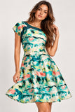 Green Tropical Scenic Printed Fit & Flare Mini Dress