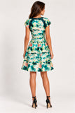 Green Tropical Scenic Printed Fit & Flare Mini Dress