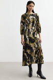 Green Splotch Print 3/4 Sleeve Midi Dress