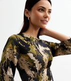 Green Splotch Print 3/4 Sleeve Midi Dress