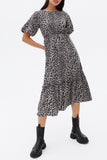 Grey Leopard Print Frill Tiered Midi Dress