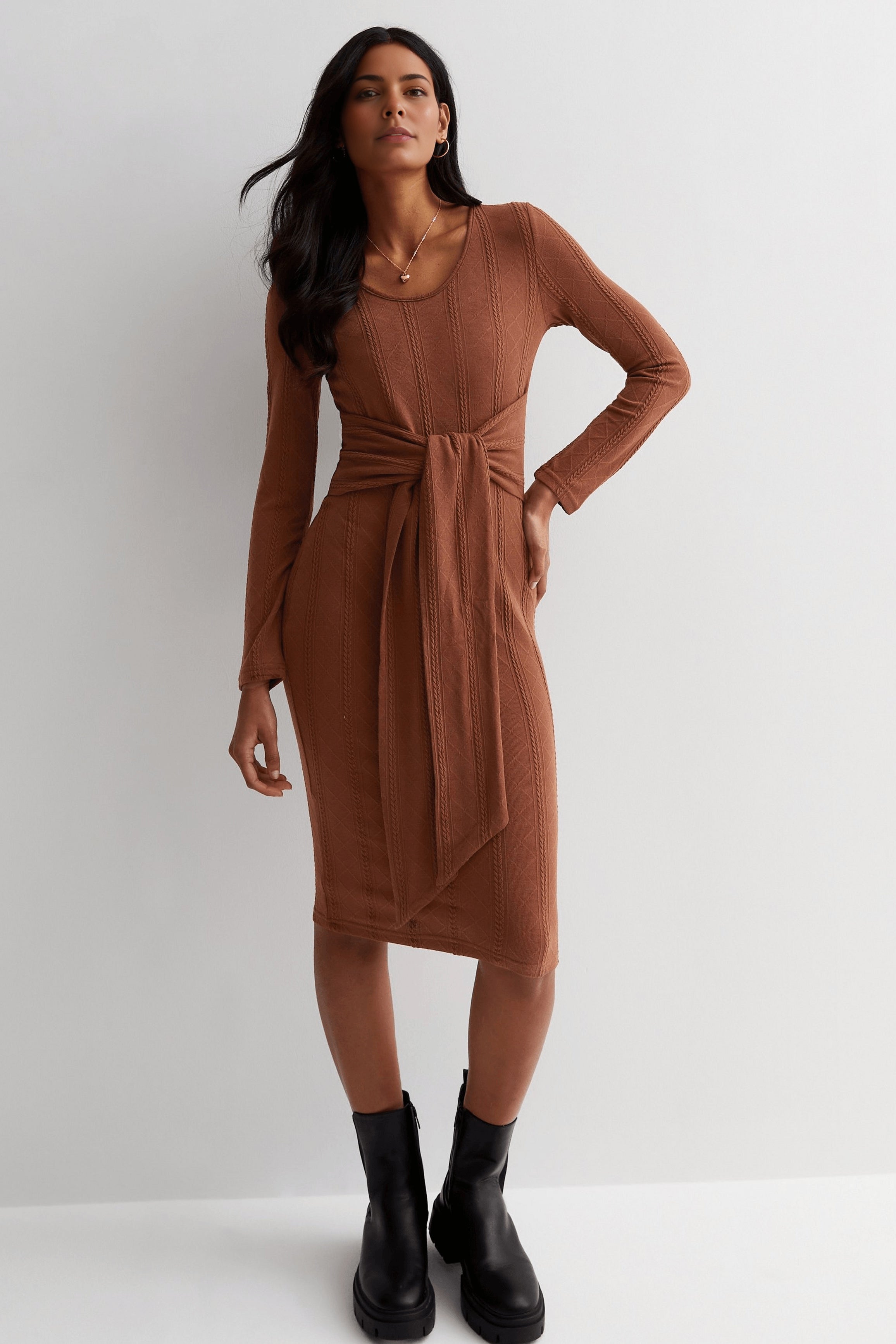 Front Tie Bodycon Knit Dress - BROWN
