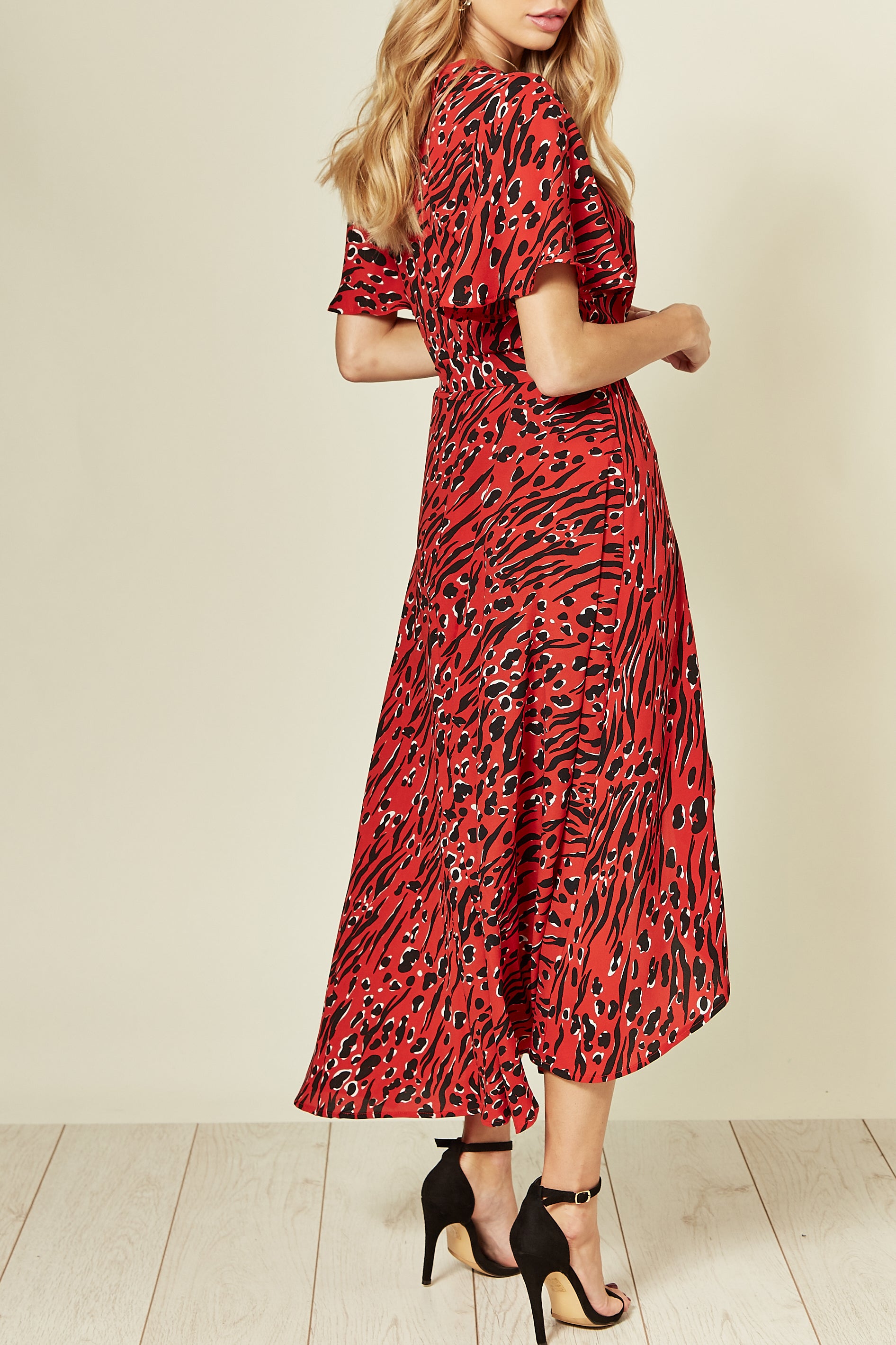 Cape Sleeve Wrap Dress in Red/Black Print