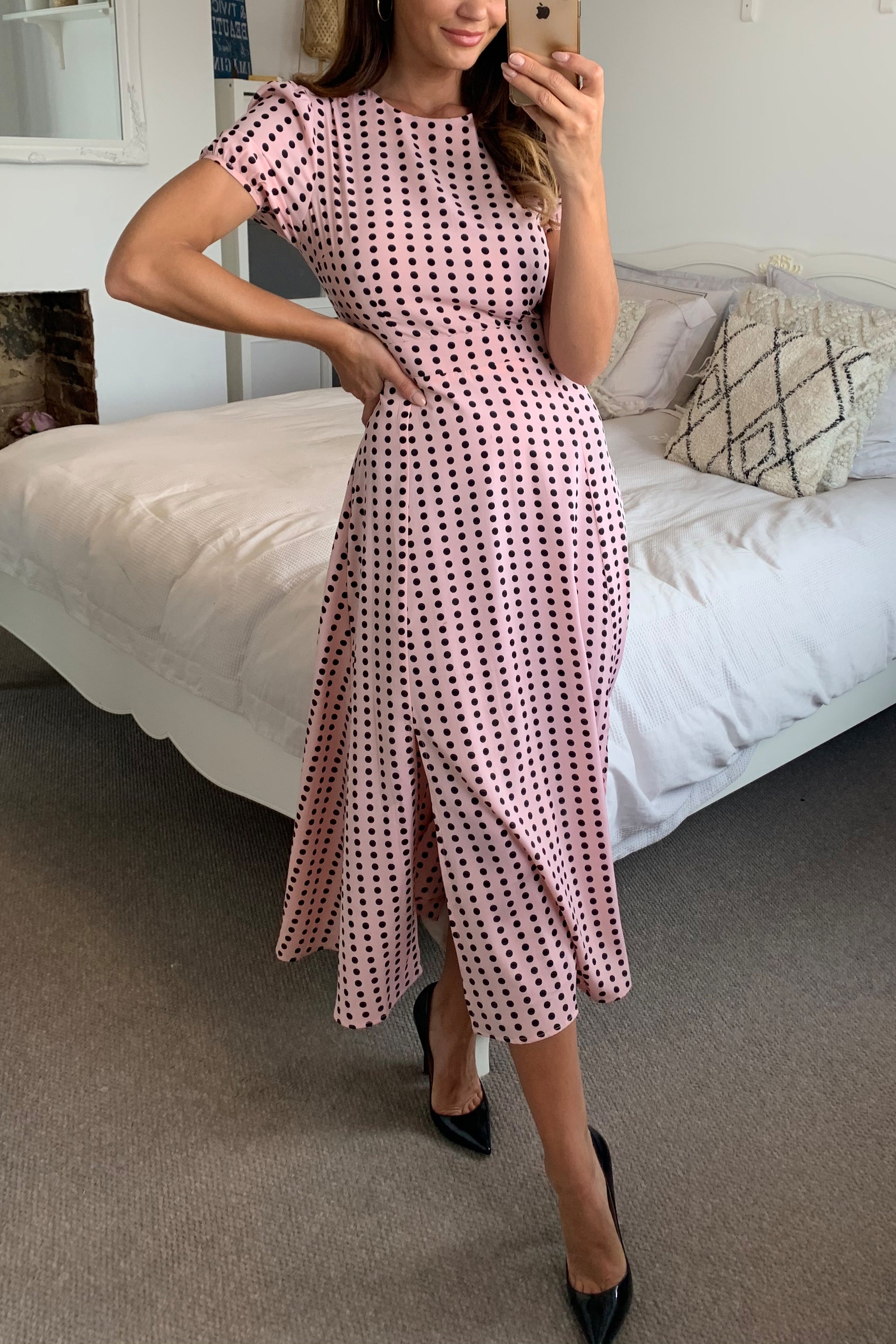 Short Sleeve Maxi Dress in Polka Dot -PINK