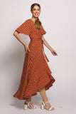 Polka Dot Wrap Dress with Flared Sleeves - BROWN