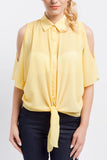 Button-Up Cold Shoulder Tie-Front Blouse