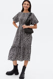 Grey Leopard Print Frill Tiered Midi Dress