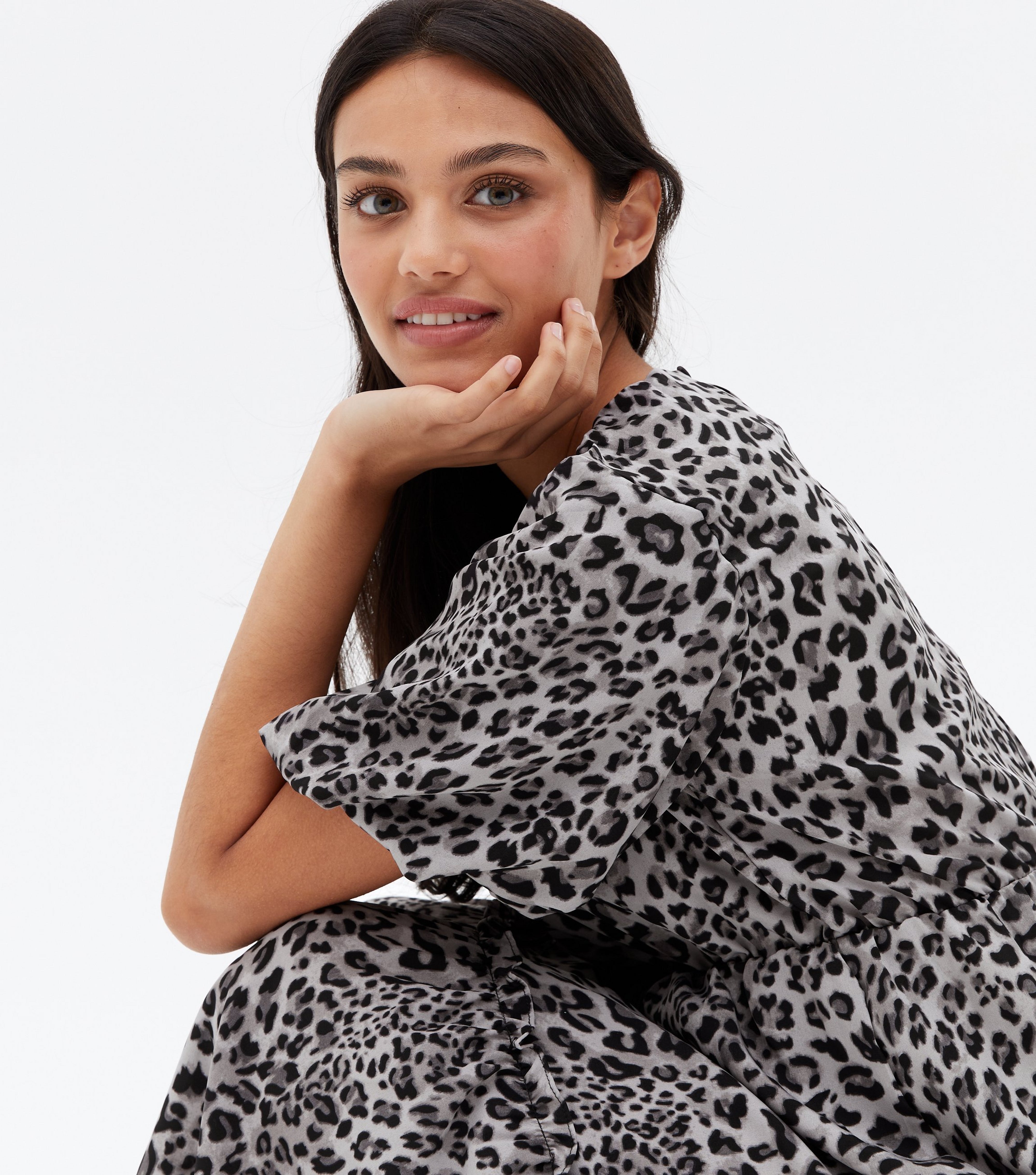 Grey Leopard Print Frill Tiered Midi Dress