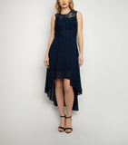Lace Embroidered High Low Dress in Navy