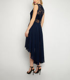 Lace Embroidered High Low Dress in Navy