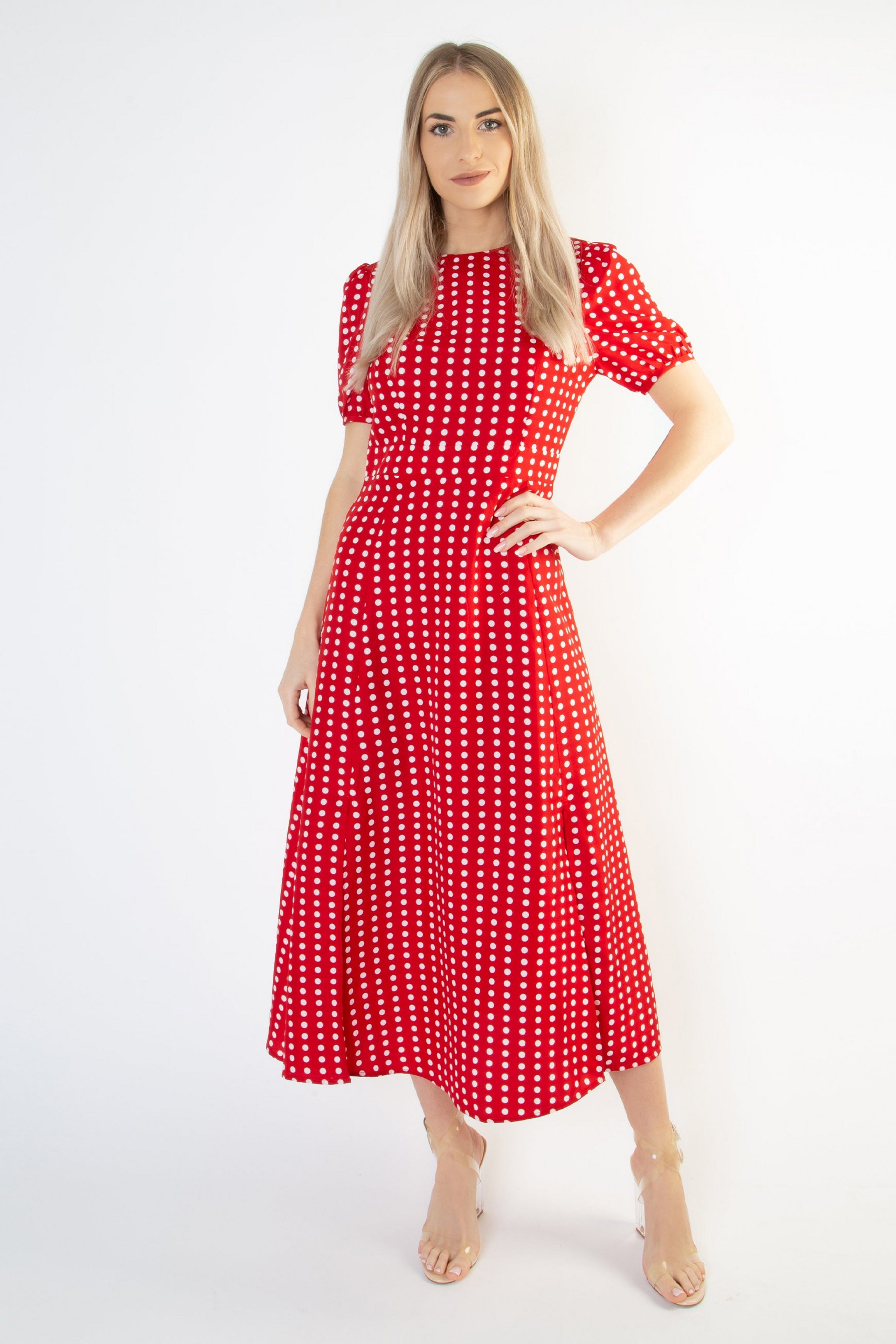 Short Sleeve Maxi Dress in Polka Dot -RED