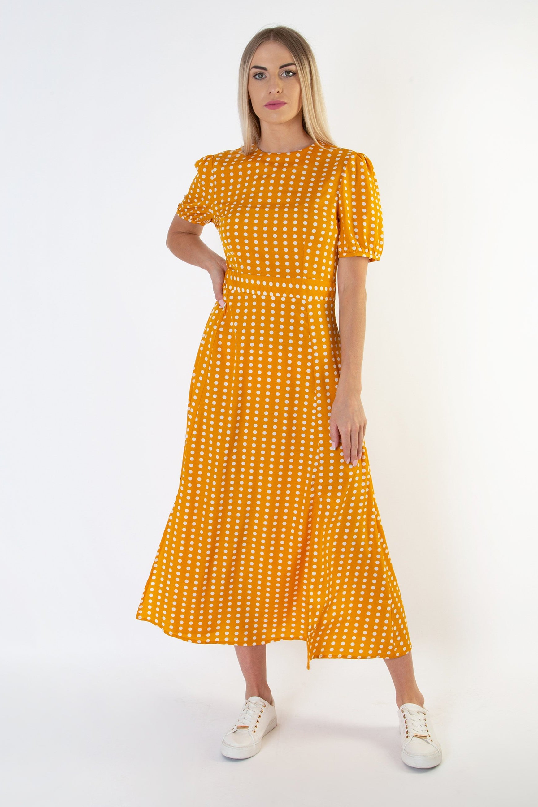 Short Sleeve Maxi Dress in Polka Dot - Mustard