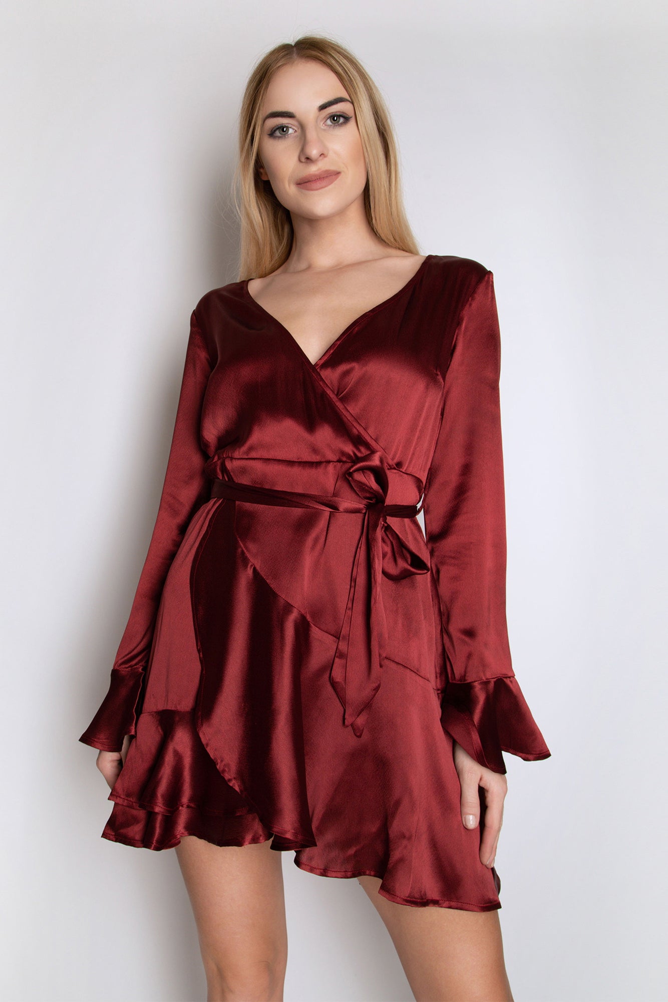 Bell Sleeve Ruffle Satin Dress - Wine